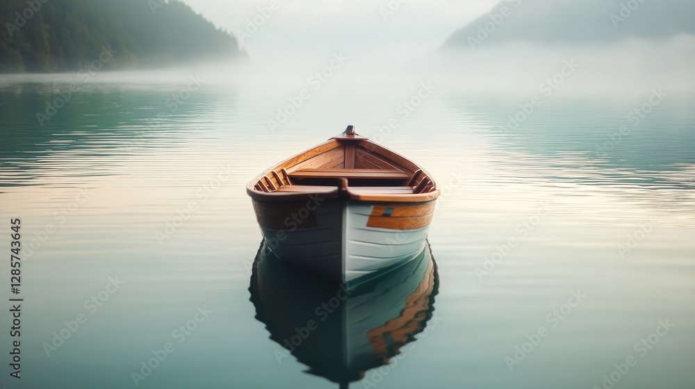 Poster small boat is floating on a lake with a foggy sky in the background. the boat is the only object vis