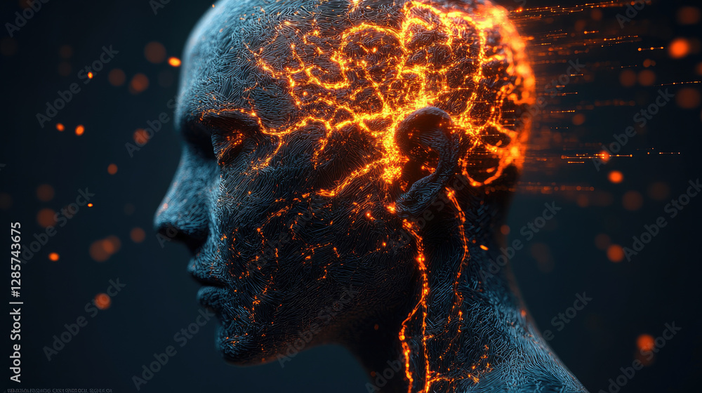 Poster exploring brain-machine interaction conceptual mind with vivid electric currents blending human anat