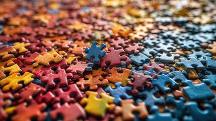 Obraz premium Colorful puzzle pieces, close-up, vibrant colors, background of many pieces