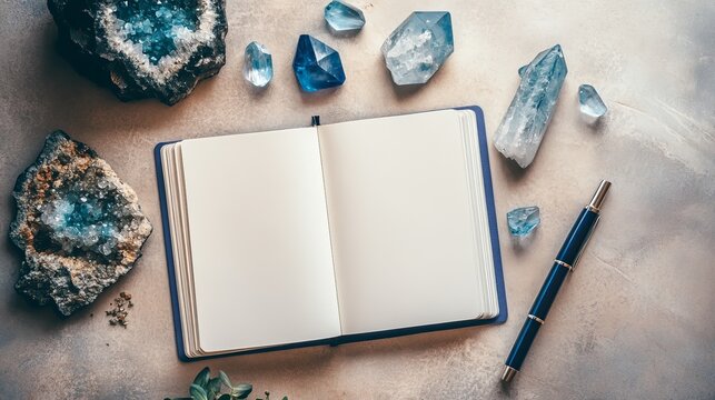Open journal on table with blue crystals and pen in a calming workspace