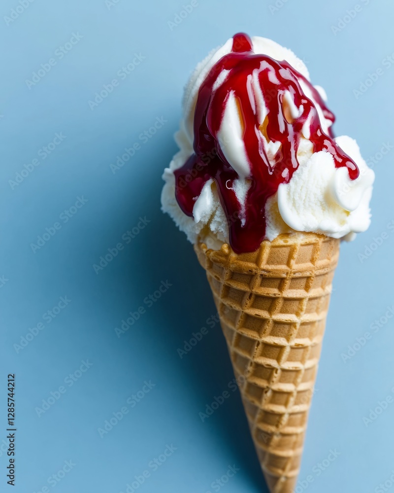Aufkleber scoop of ice cream in a cone with a drizzle of red sauce on top. concept of indulgence and enjoyment