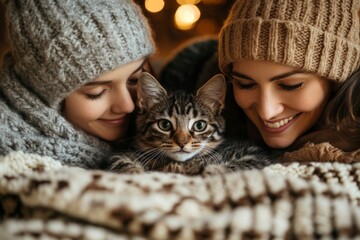 Enjoying cozy moments with a cat during winter evenings with friends in a warm setting