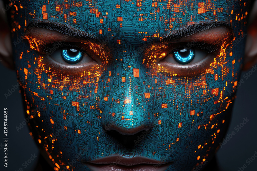 Poster creating digital human faces with interconnected microchips ai-based identity construction in the vi