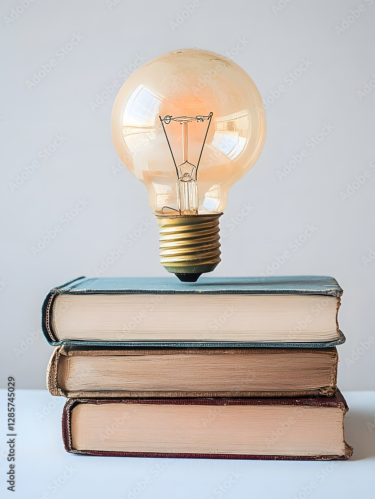 Fototapete creative concept of lightbulb on stacked books symbolizing knowledge : generative ai