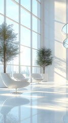 Elegant modern lobby with seating trees and sunlight coming through