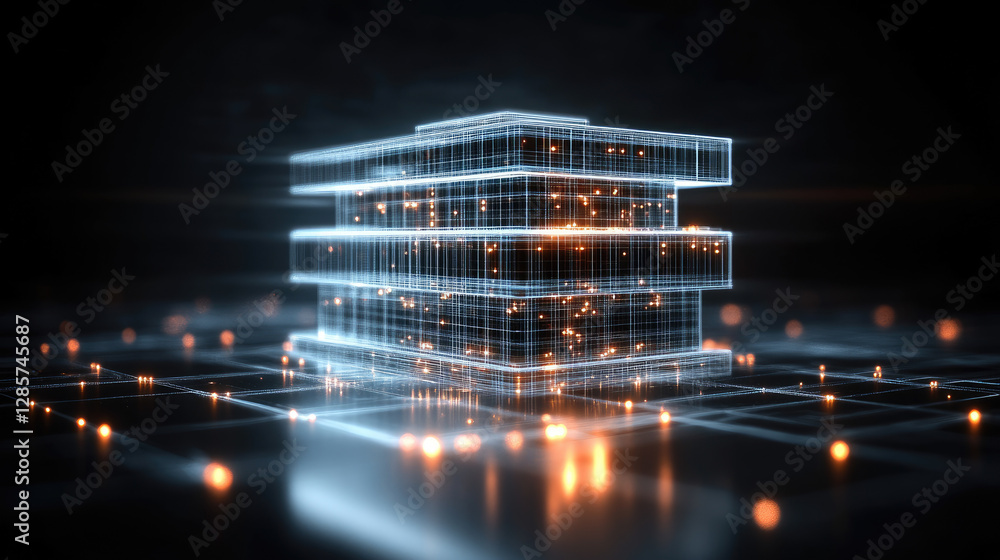 Poster dissolving estate buildings into data particles a monochromatic wireframe visualization with glowing