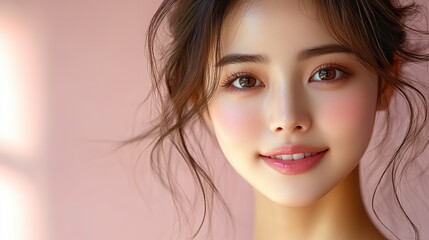 Fototapeta premium This young Asian woman, with her flawless complexion and radiant smile, is the perfect model for a K-beauty makeup and skincare commercial