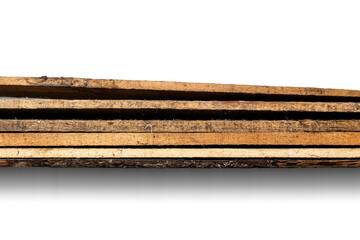 Top view of wood plank stack isolated over white background. Natural wooden texture. Flat lay