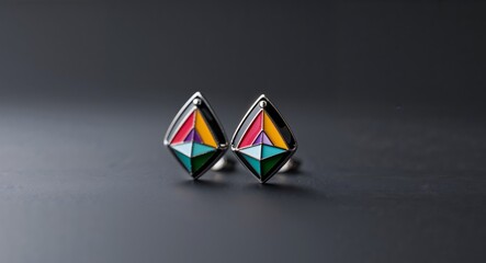 Geometric multicolor enamel earrings with silver accents on black background.