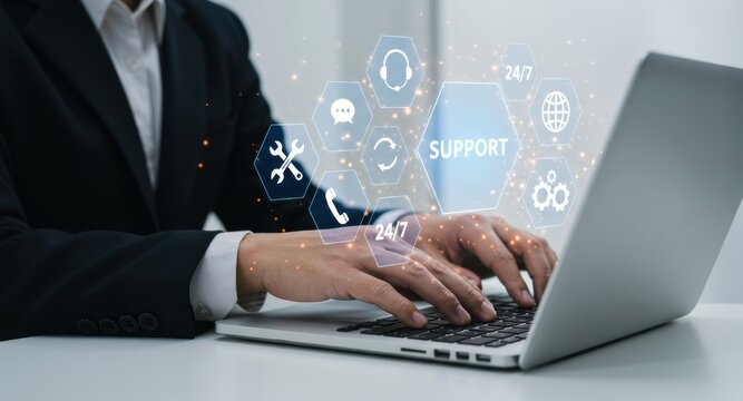 Business professional providing customer service support digital communication help desk technology innovation concept