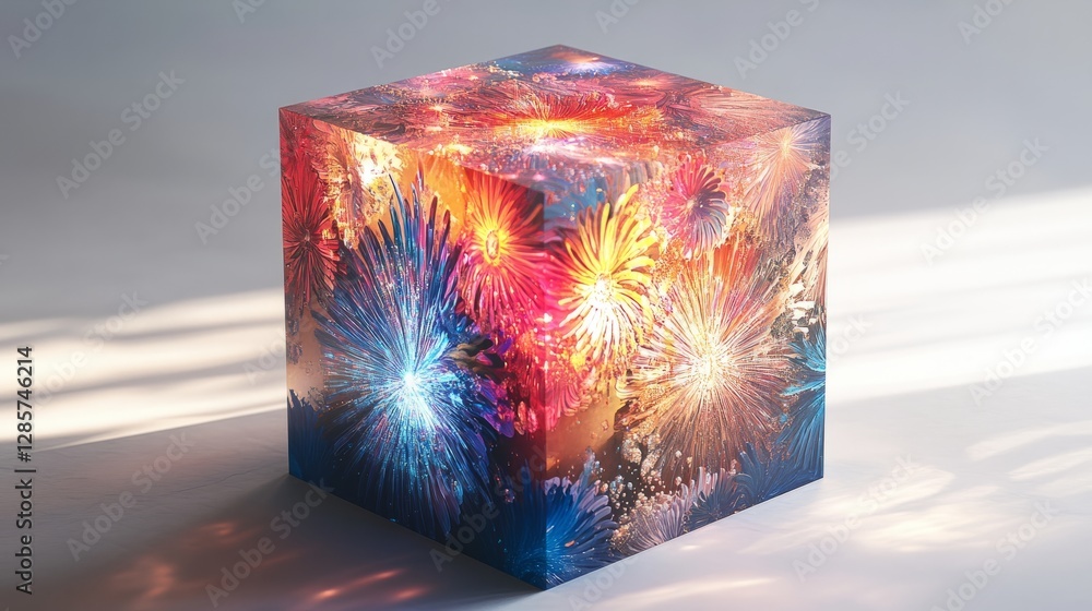 Poster a firework box rendered in 3d, with intricate detailing and a vibrant design of fireworks, sitting a