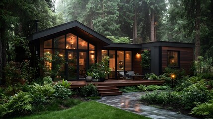 Naklejka premium Eco Friendly Wooden House Nestled in Lush Pine Forest with Scenic Glass Reflections Offering Peaceful and Sustainable Living in Nature