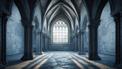 Fototapeta premium A gothic architectural theme in a catholic church or cathedral, with ornate stone patterns and detailed sculptural elements, typical of Gothic design, showing signs of age and weathering