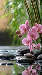 Printed roller blinds Pink orchids and zen stones in serene garden setting