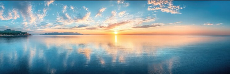 Obraz premium Seamless sky-to-ocean color transition in panoramic view, serene wide-angle nature backdrop for spa branding, digital content creation, and eco-tourism website headers.