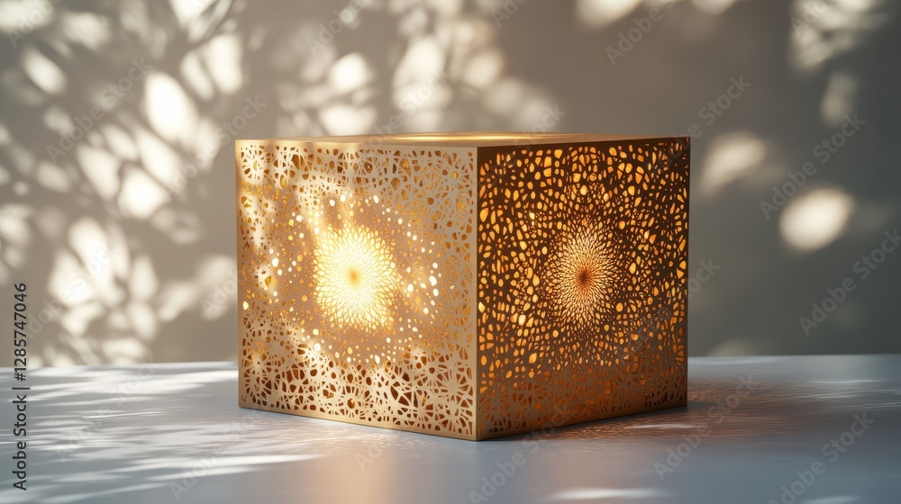 Poster a firework box with intricate golden patterns, rendered in 3d, against a pure white background, with