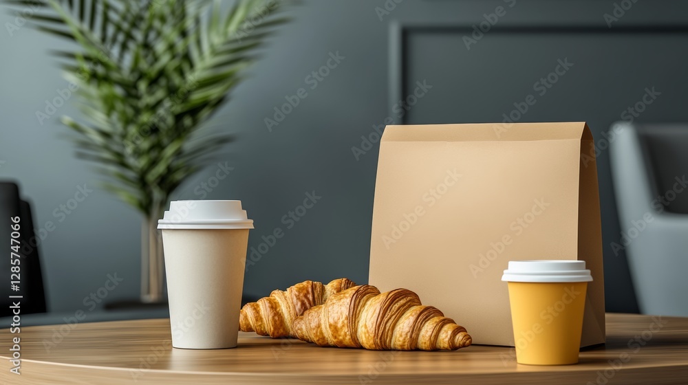 Poster table with a box of croissants and two cups of coffee. the table is in a room with a plant in the ba