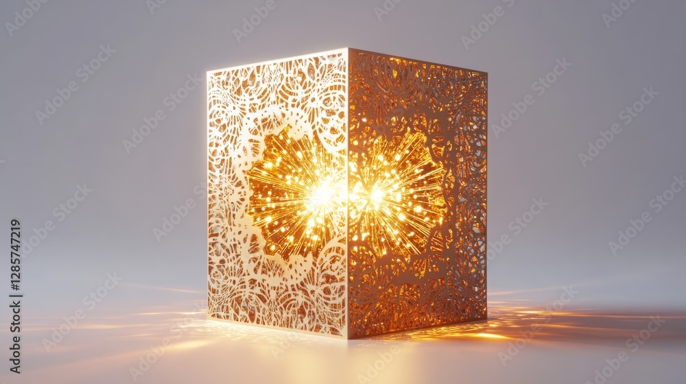 Poster a firework box with intricate golden patterns, rendered in 3d, against a pure white background, with