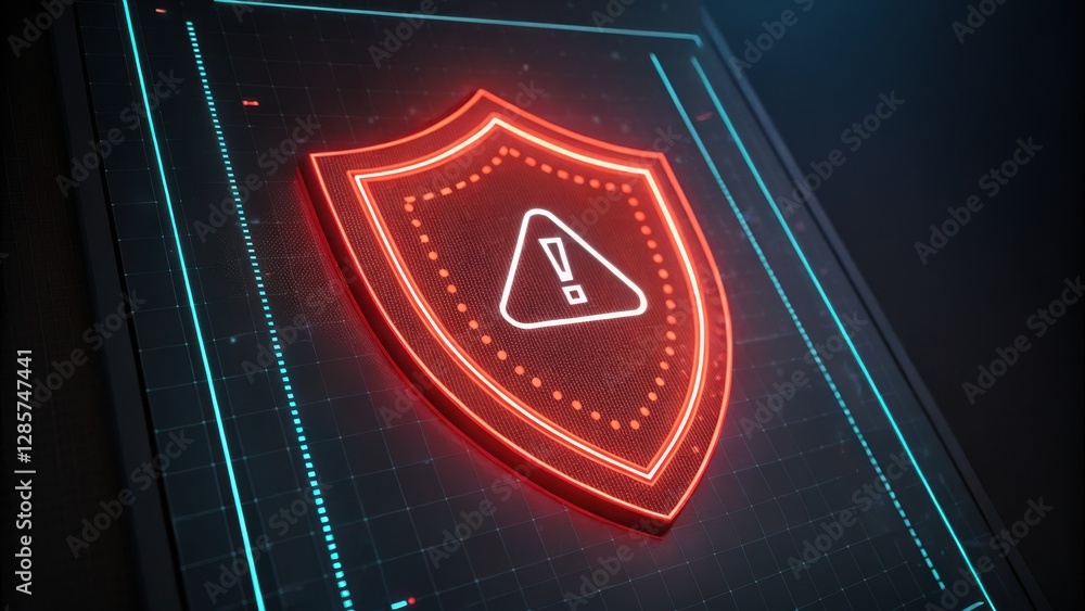 Poster a glowing shield icon featuring an exclamation mark, representing security alerts or warnings in a d