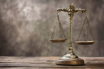 Vintage brass scales on a wooden table with a blurred, textured background, symbolizing justice