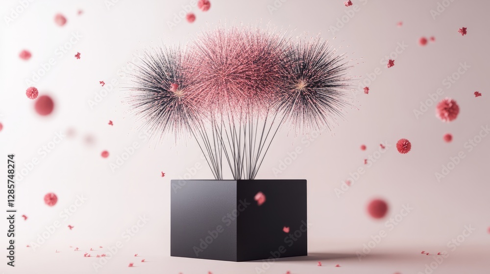 Poster a modern 3d firework box with dynamic firework illustrations, set against a simple white background 