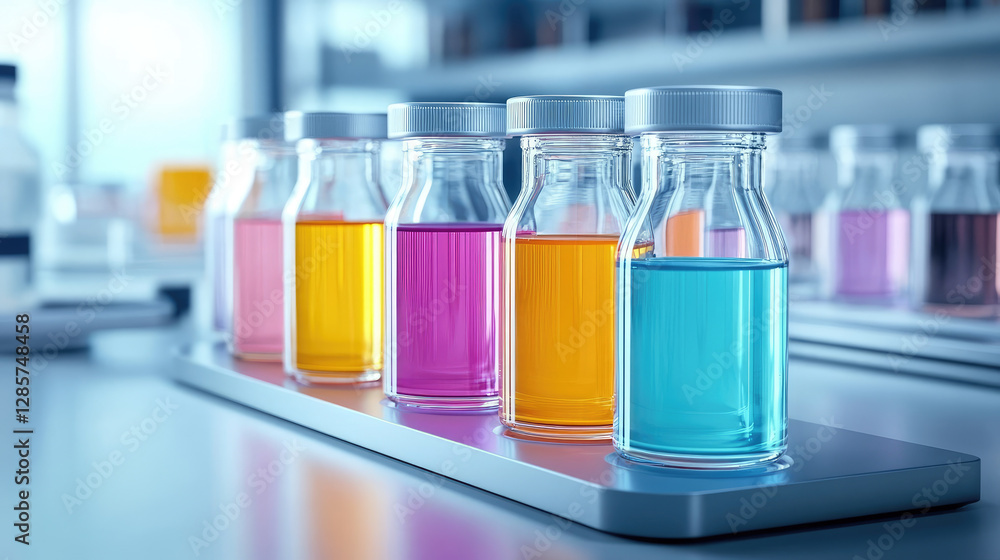 Poster innovative biotechnology experiments with colorful solutions in modern lab setup rows of glass beake
