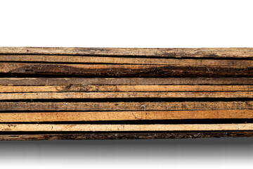 Top view of wood plank stack isolated over white background. Natural wooden texture. Flat lay