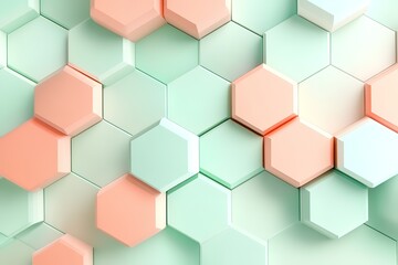 A geometric soft light background featuring a seamless hexagonal grid in pastel colors like mint green and light coral. Gradients flow softly between shapes, with a faint glow effect adding elegance.