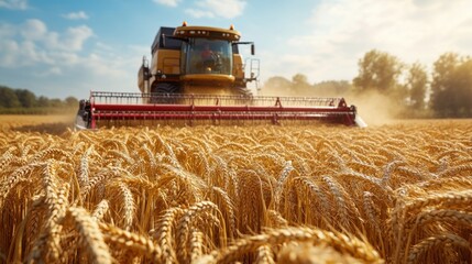 Obraz premium Harvesting Wheat Field, Combine Harvester in Action, Sunny Day, Trees in Background