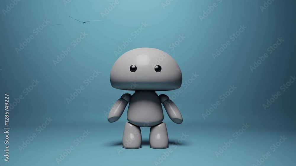 Poster minimalist gray robot toy moving toward camera in slow motion against clean blue backdrop, embodying