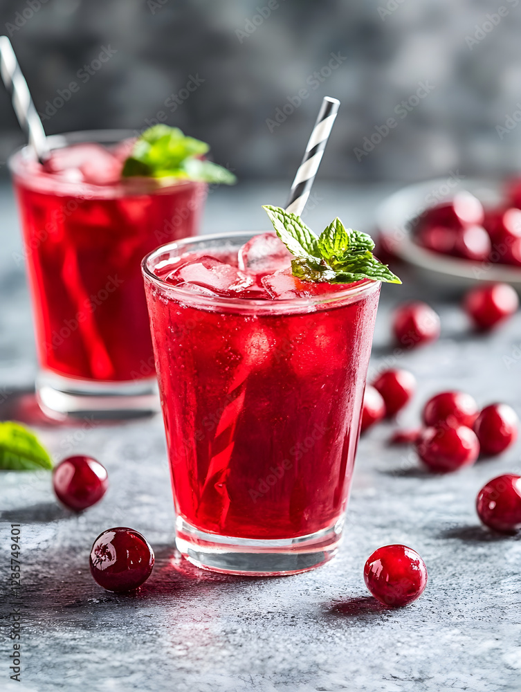 Poster refreshing cranberry juice with ice in glass on rustic wood table with fresh berries : generative ai