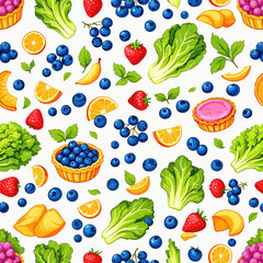 a variety of fruits and vegetables, including blueberries, strawberries, oranges, bananas, and leafy greens, arranged in a visually appealing and colorful manner.