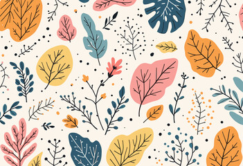 a variety of stylized leaves and flowers in shades of orange, pink, blue, and green, scattered across a light background.