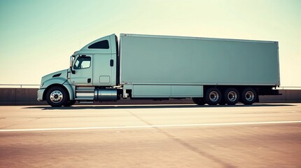 Large blank delivery truck parked on a highway with a clear blue sky and sunlight