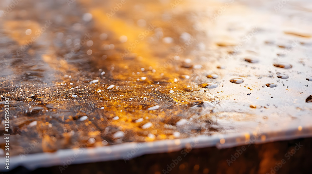 Aufkleber wet golden metal surface with glistening raindrops creating a textured abstract background : generat