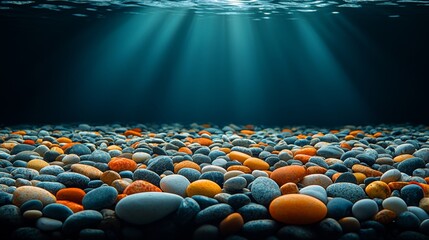 Obraz premium A large group of pebbles under the water with sunlight shining through the water
