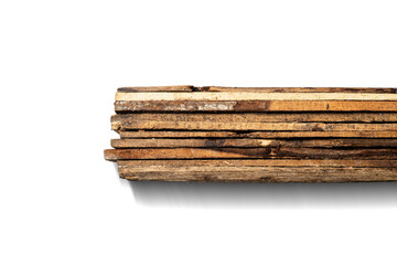 Top view of wood plank stack isolated over white background. Natural wooden texture. Flat lay