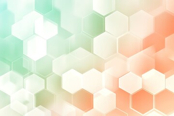 Fototapeta premium A geometric soft light background featuring a seamless hexagonal grid in pastel colors like mint green and light coral. Gradients flow softly between shapes, with a faint glow effect adding elegance.
