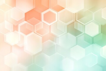 Fototapeta premium A geometric soft light background featuring a seamless hexagonal grid in pastel colors like mint green and light coral. Gradients flow softly between shapes, with a faint glow effect adding elegance.