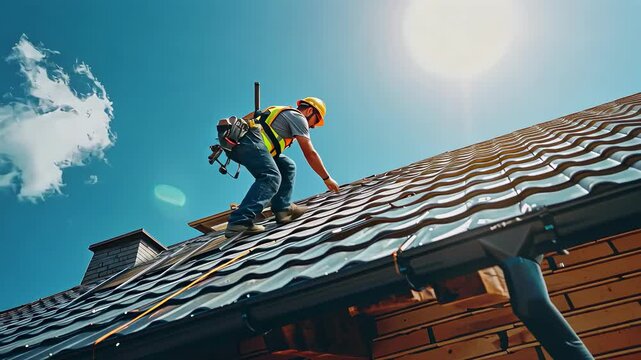male construction workers install solar panels on the roof
