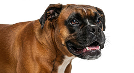 Obraz premium Adorable Brown Boxer Dog Portrait Open Mouth Close Up Studio Shot White Background