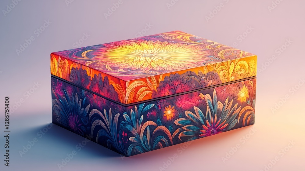 Poster a modern firework box, rendered in 3d with an intricate design and colorful artwork, placed on a whi