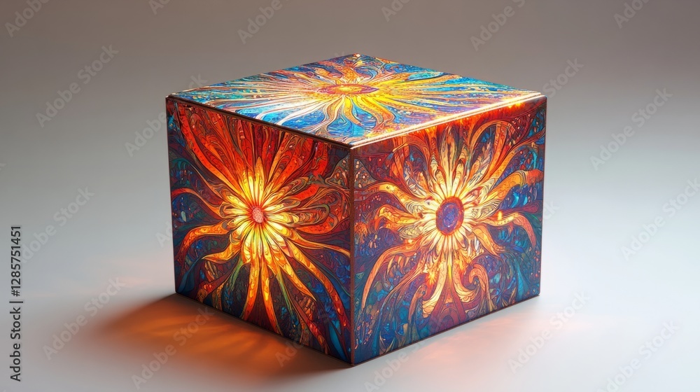Poster a modern firework box, rendered in 3d with an intricate design and colorful artwork, placed on a whi