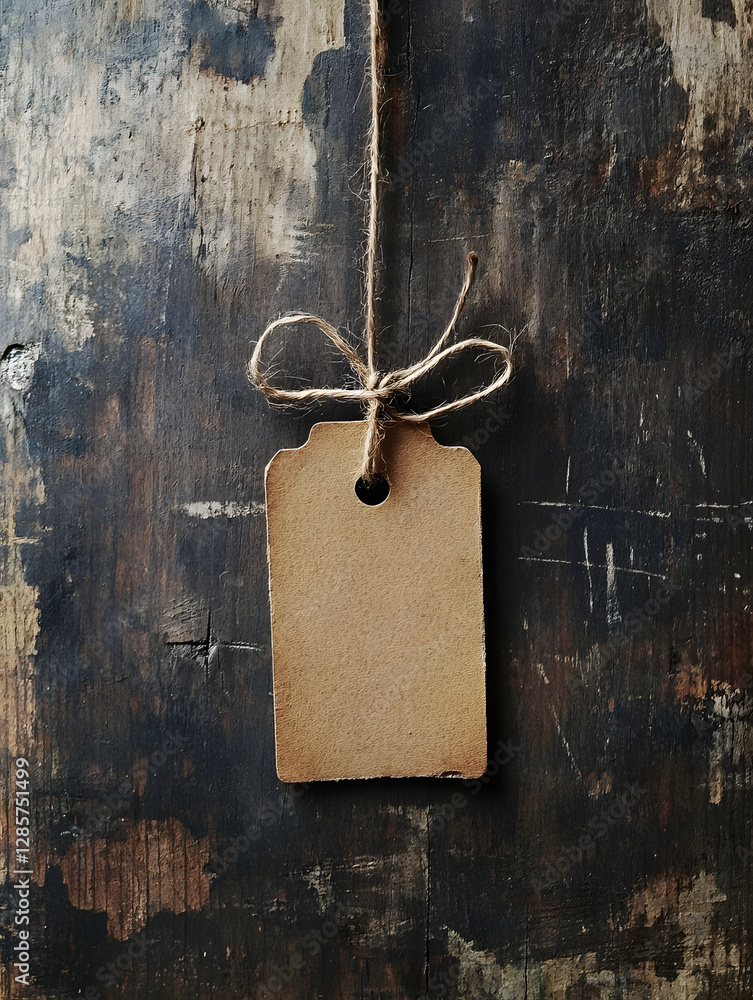 Poster Rustic Wooden Background with Hanging Blank Paper Tag and Twine : Generative AI