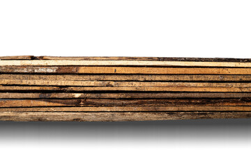 Top view of wood plank stack isolated over white background. Natural wooden texture. Flat lay