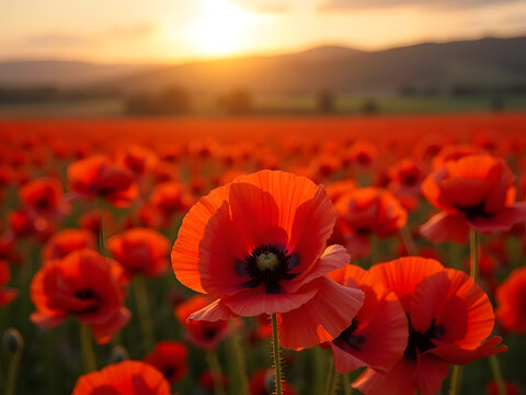 A Carpet of Crimson Poppies in a Rolling Field: A breathtaking close-up of bright red poppies stretching endlessly, forming a vivid floral carpet against a rolling countryside landscape.
