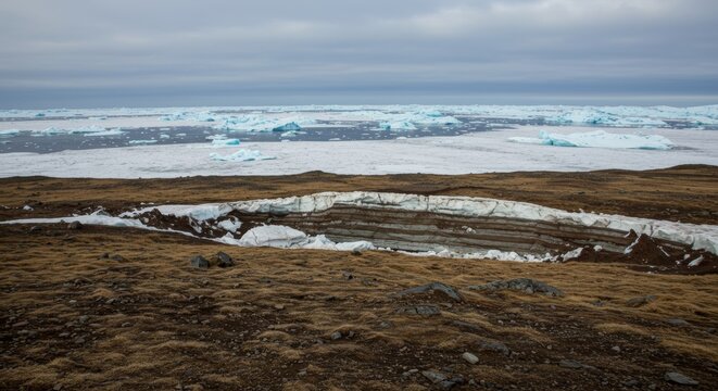 Arctic landscape with permafrost thaw and melting icebergs beyond the coast - Powered by Adobe