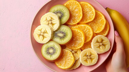 A pink plate topped with sliced oranges, kiwi and bananas