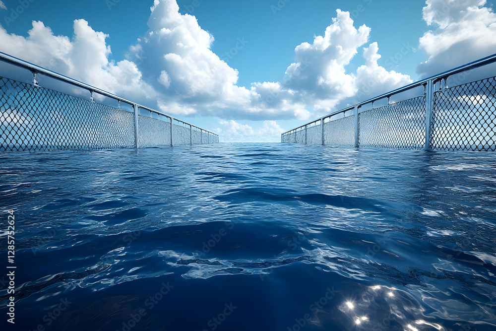 Poster bright blue ocean water and cloudy sky scene with reflections and visual defect creating a serene se