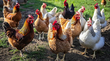 A group of chickens, some red and brown hens with pink combs, stand in the foreground